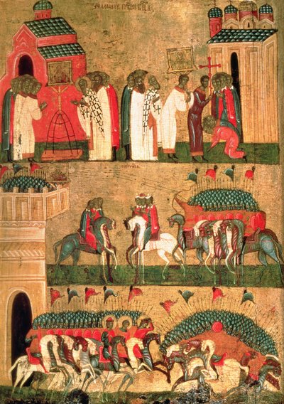 Battle of the Novgorodians with the Suzdalians, Novgorod School, mid 15th century by Russian School
